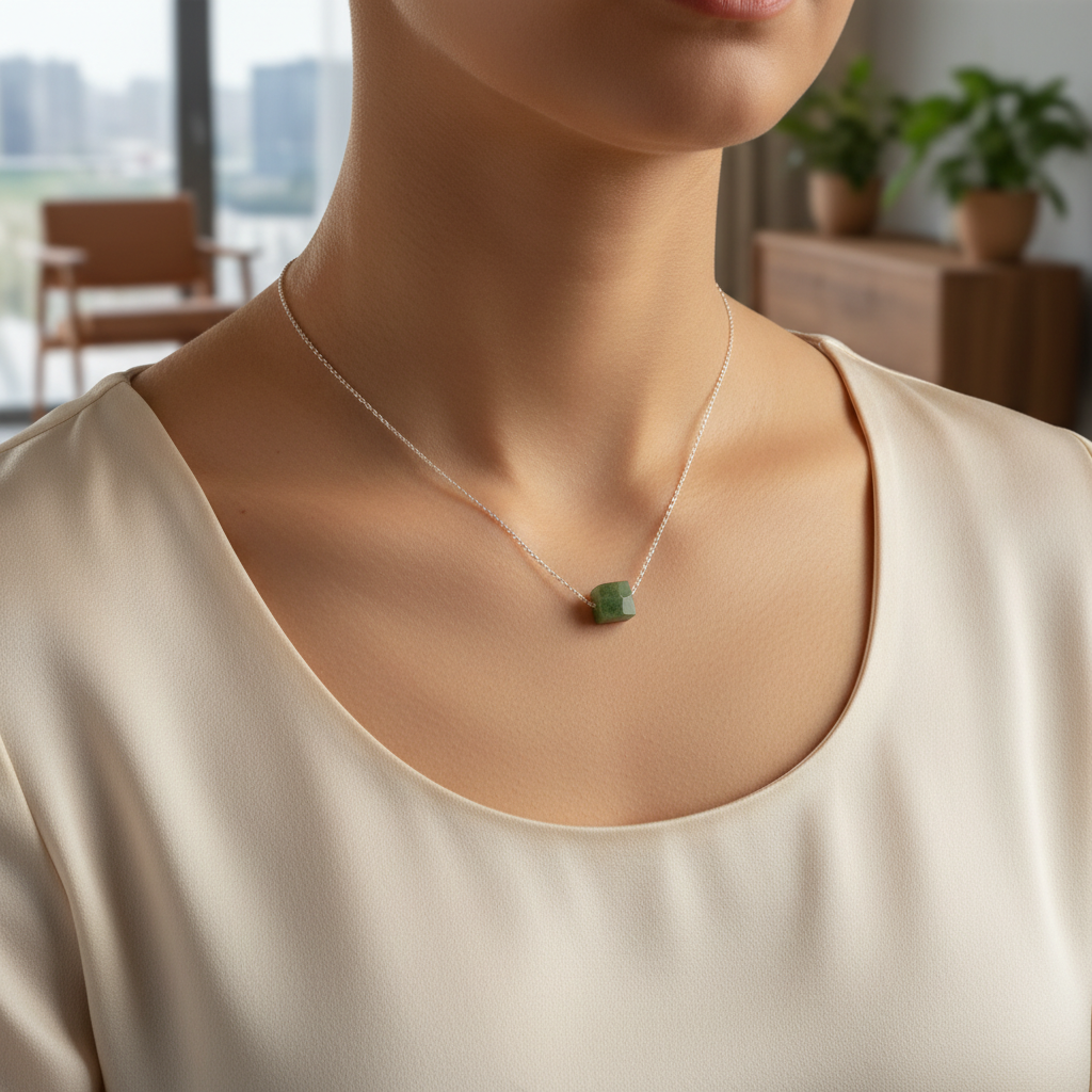 Collier Argent 925 Jade Vert Carré - Élégance Artisanale
