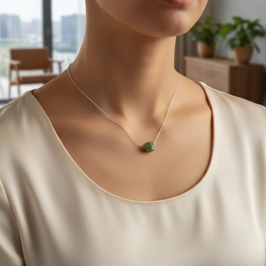 Collier Argent 925 Jade Vert Carré - Élégance Artisanale