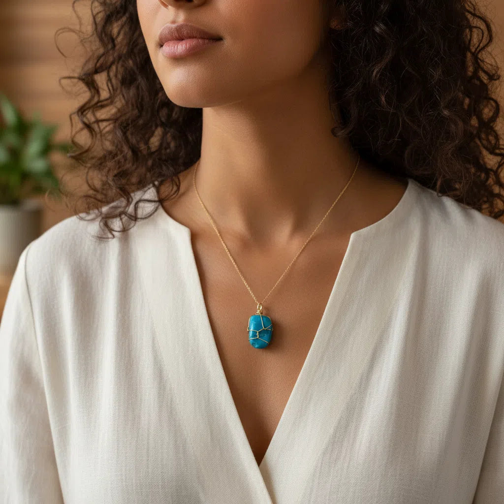 Collier Pendentif Turquoise Ciel en Argent et Or - Élégance Intemporelle