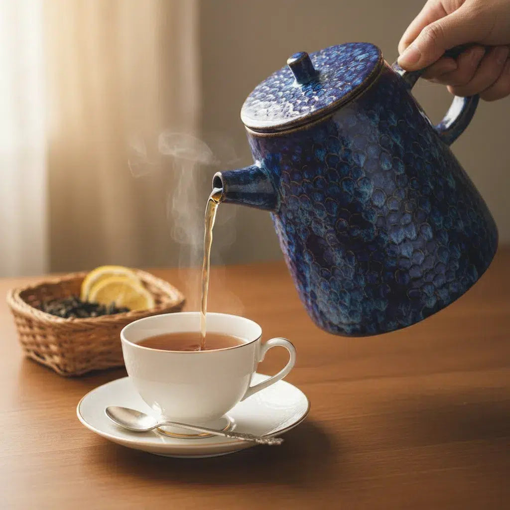 Théière en Céramique Bleu Dentelle - Élégance Artisanale