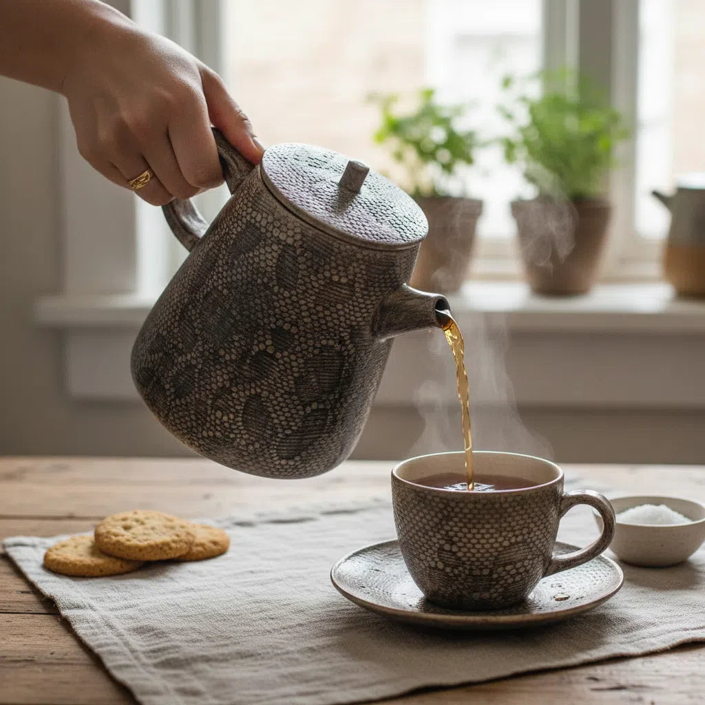 Théière Artisanale en Céramique Marron - Élégance Florale