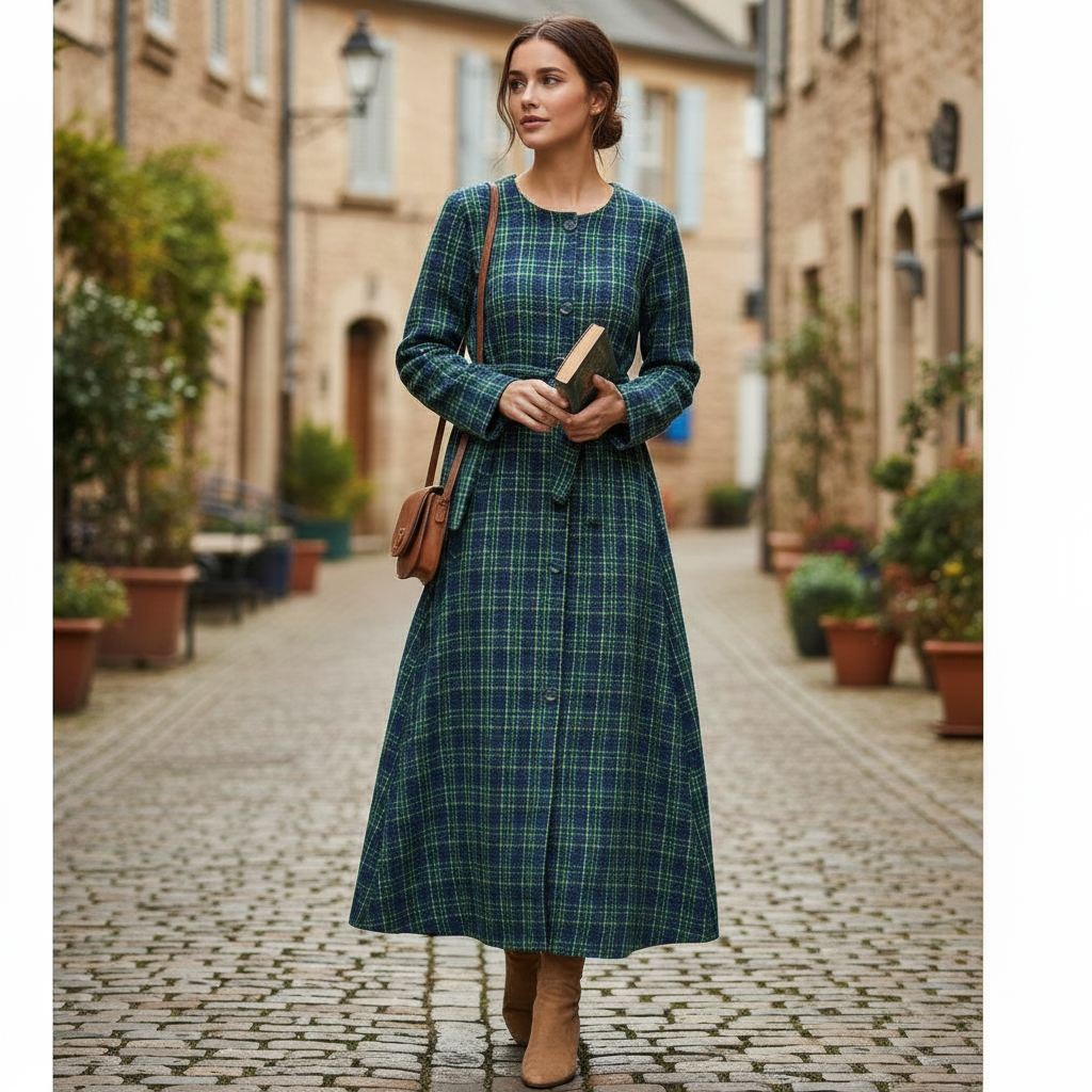 Robe Longue Maxi en Tartan Vert Bleu Ceinturée - Élégance Classique et Confort Moderne
