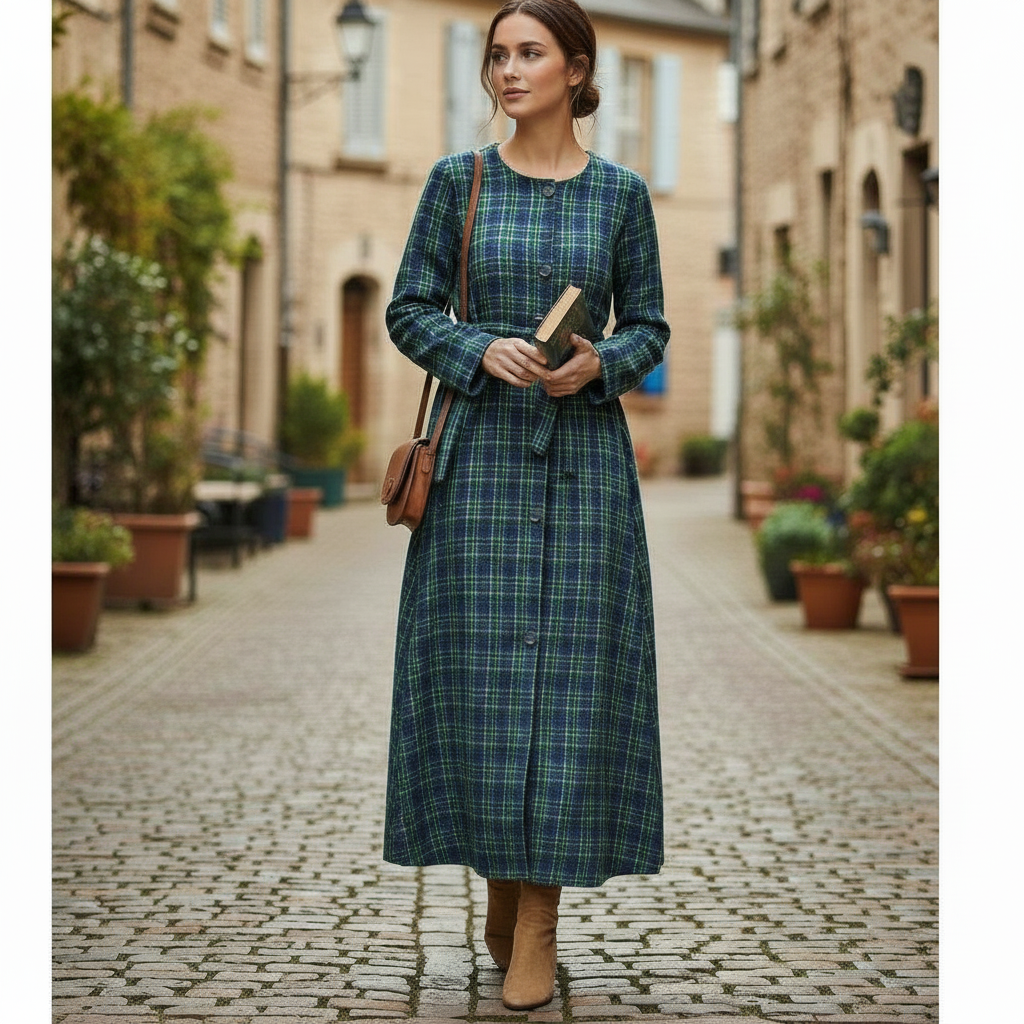 Robe Longue Maxi en Tartan Vert Bleu Ceinturée - Élégance Classique et Confort Moderne