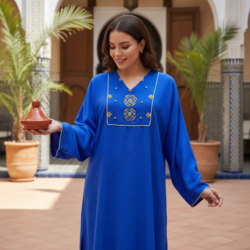 Kurta Bleue Royale avec Broderie Dorée Éclatante