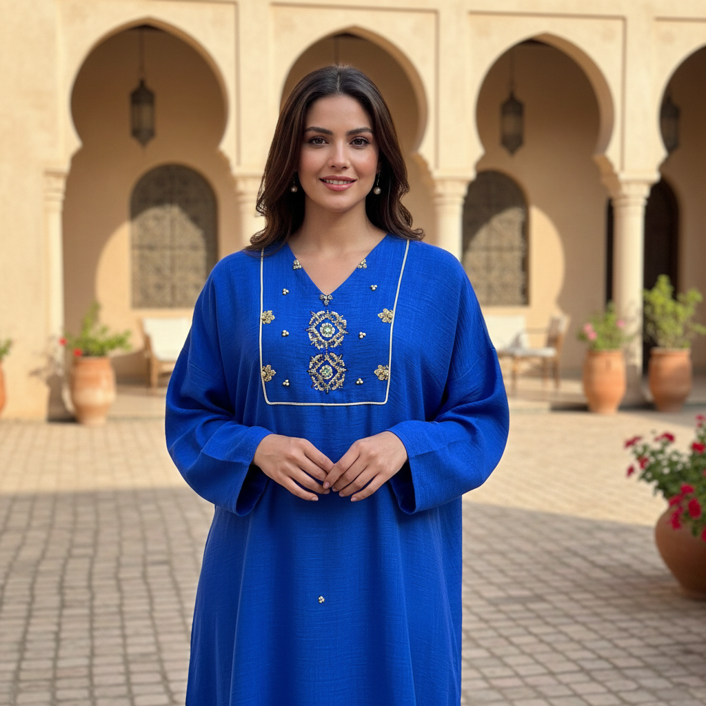 Kurta Bleue Royale avec Broderie Dorée Éclatante