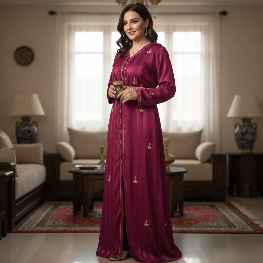 Kaftan Élégance Magenta Brodé Or - Confort et Luxe