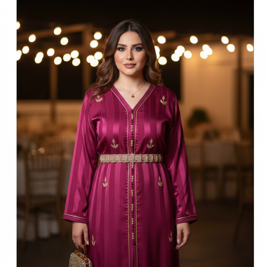 Kaftan Élégance Magenta Brodé Or - Confort et Luxe