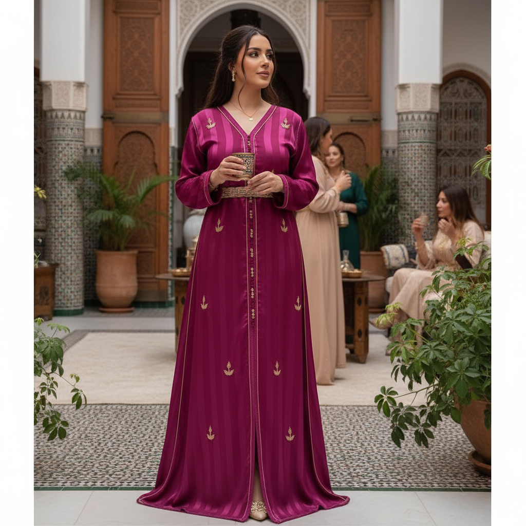 Kaftan Élégance Magenta Brodé Or - Confort et Luxe
