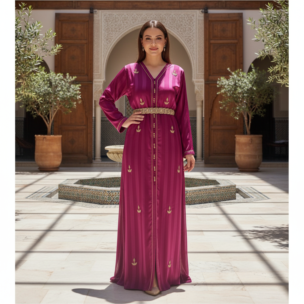Kaftan Élégance Magenta Brodé Or - Confort et Luxe