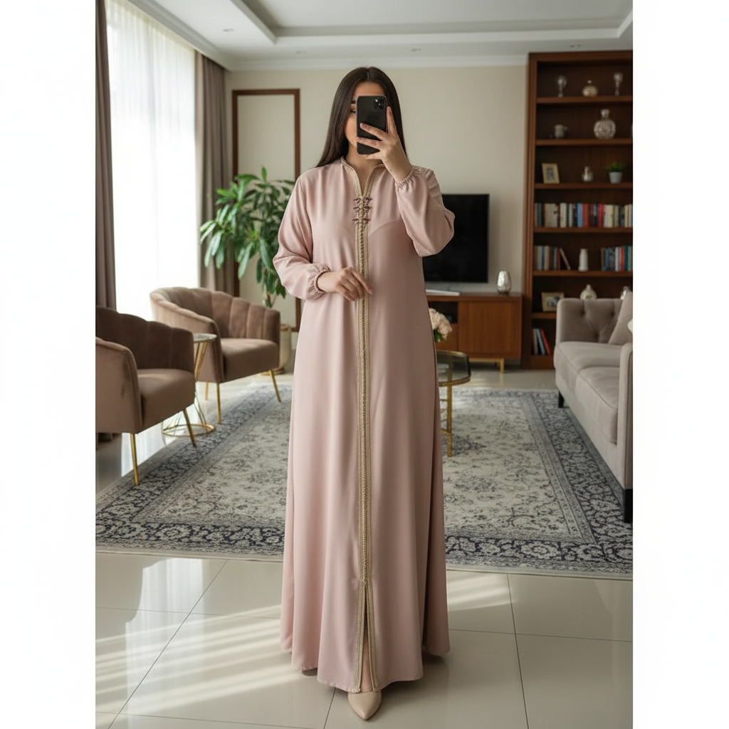 Kaftan Rose Élégant en Tissu Léger - Chic Intemporel