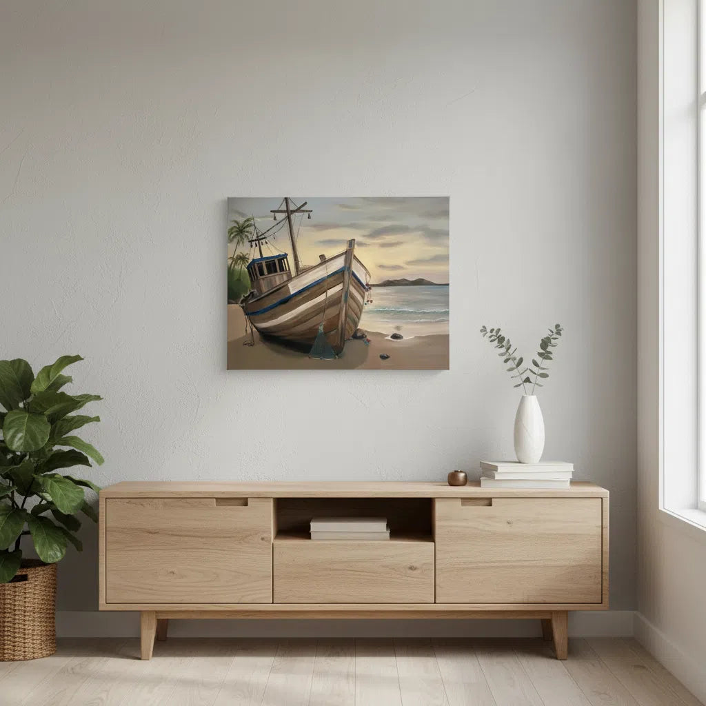 Tableau Décoratif en Toile de Coton - Épave au Crépuscule Mélancolique