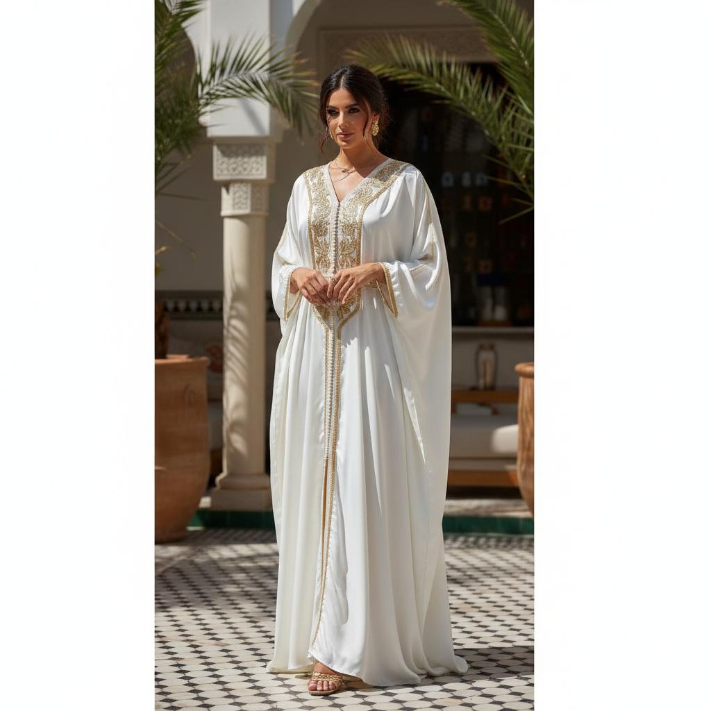 Kaftan Satiné Blanc Broderies Dorées - Élégance Opulente