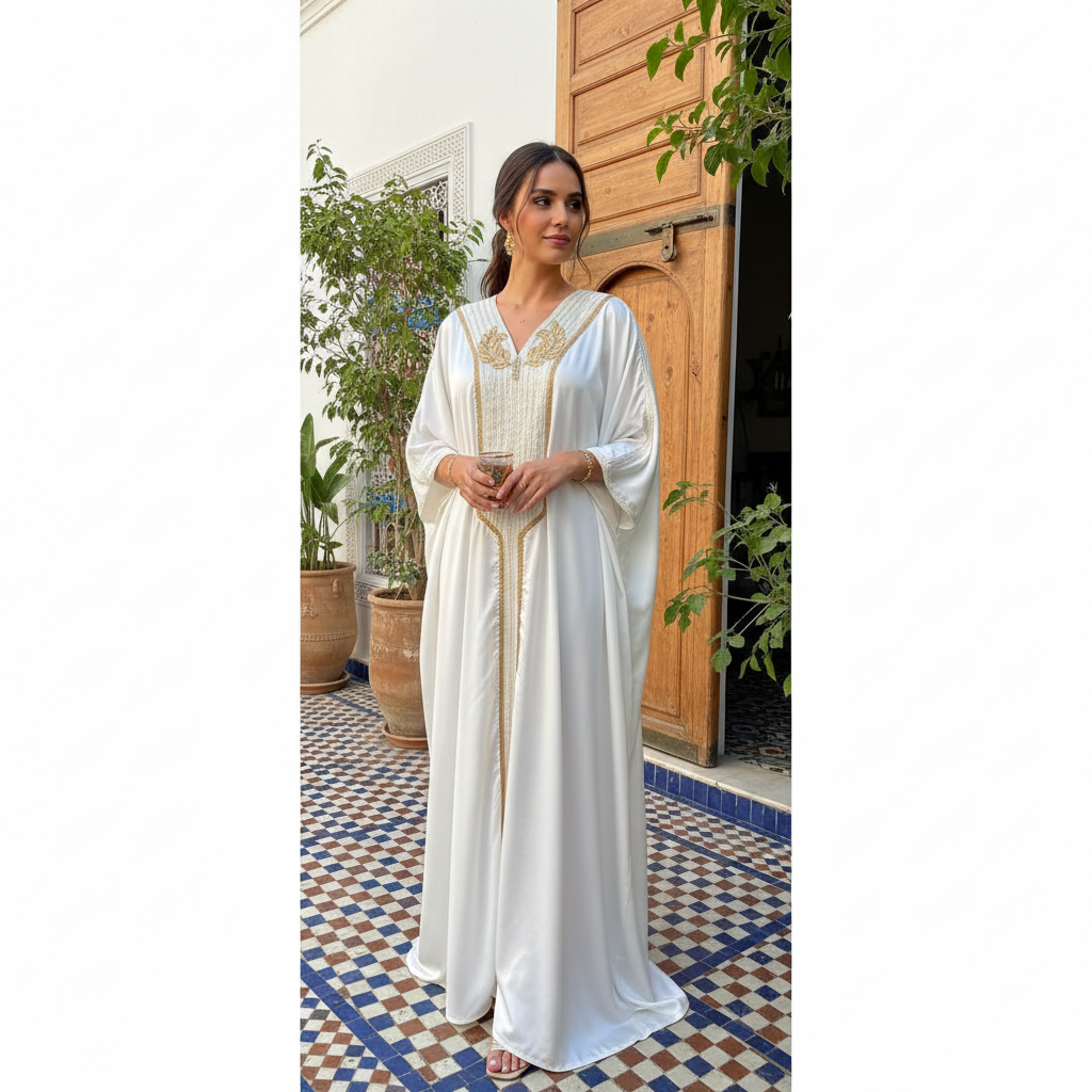 Kaftan Satiné Blanc Broderies Dorées - Élégance Opulente
