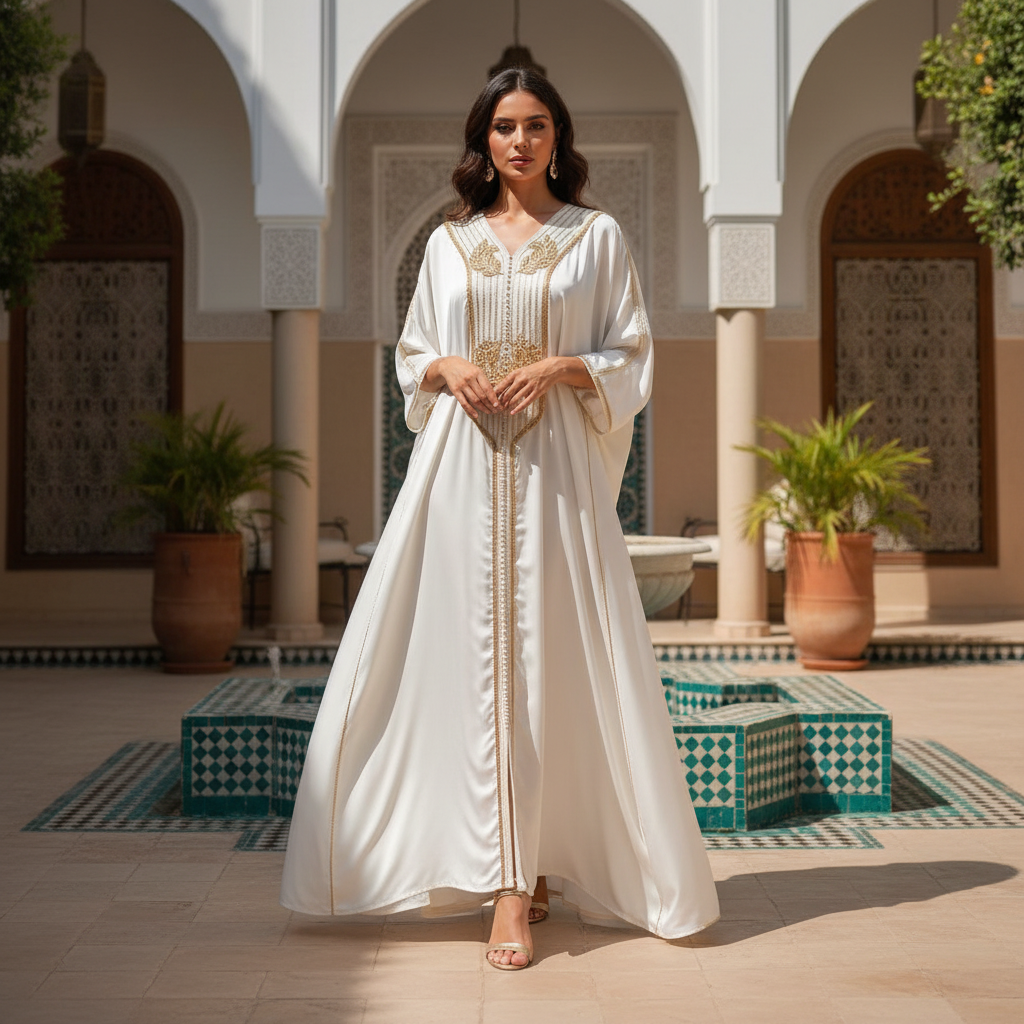 Kaftan Satiné Blanc Broderies Dorées - Élégance Opulente