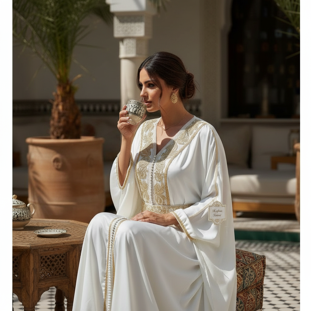 Kaftan Satiné Blanc Broderies Dorées - Élégance Opulente