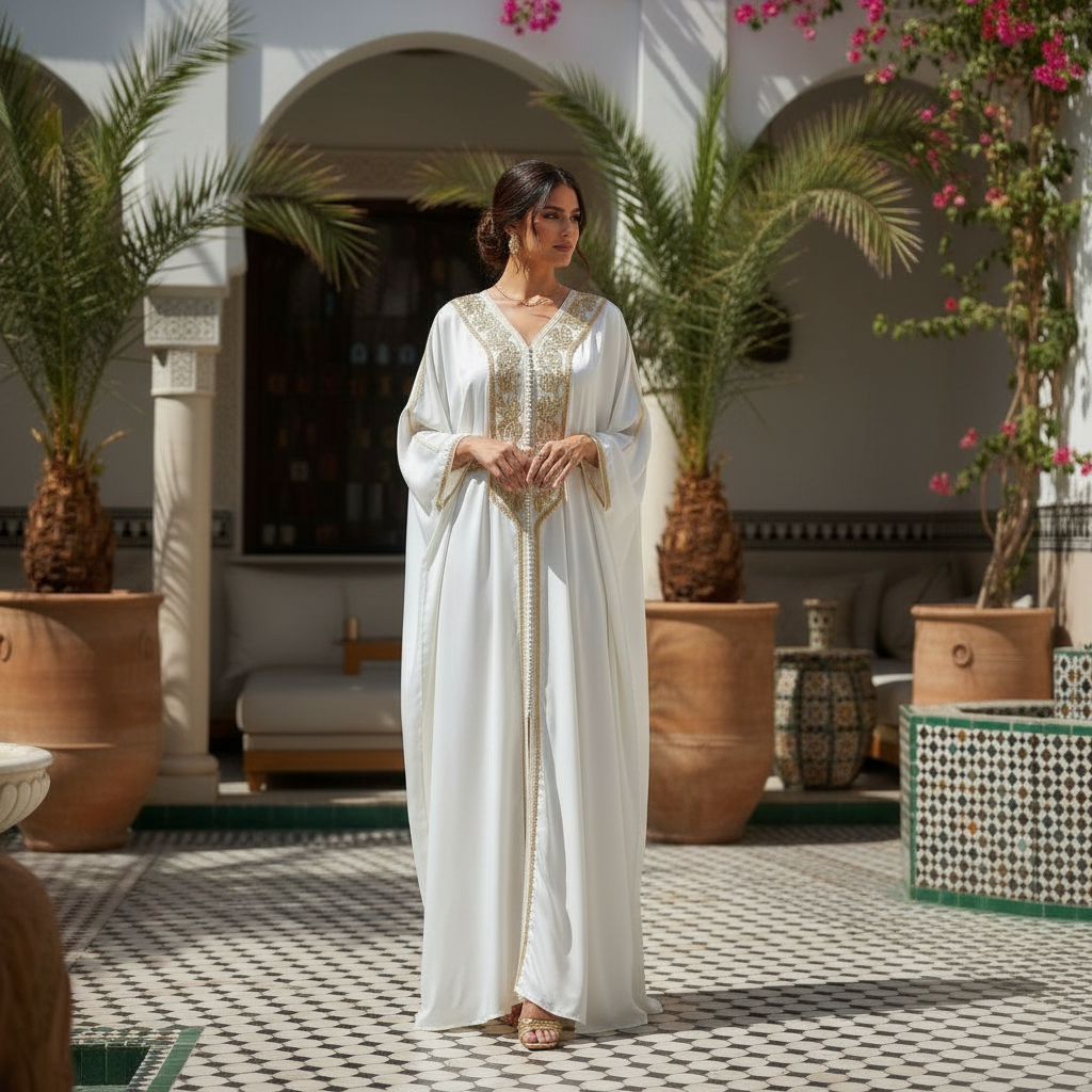Kaftan Satiné Blanc Broderies Dorées - Élégance Opulente