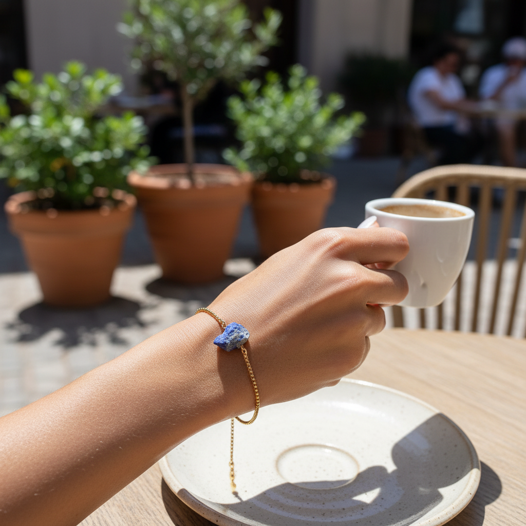 Bracelet Doré avec Lapis Lazuli Brut - Élégance et Équilibre