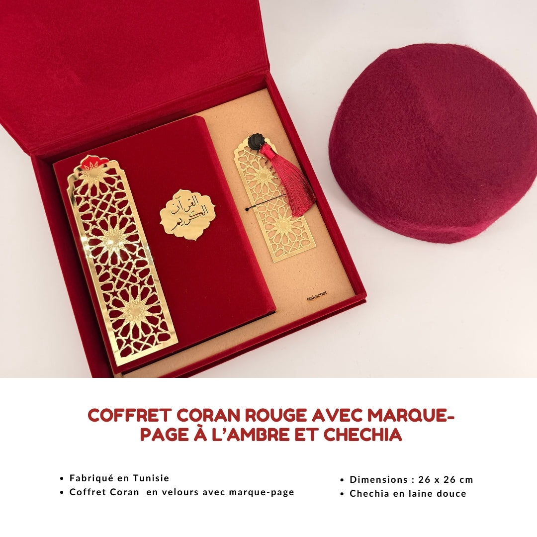 Coffret Coran rouge avec marque-page à l’ambre et chechia