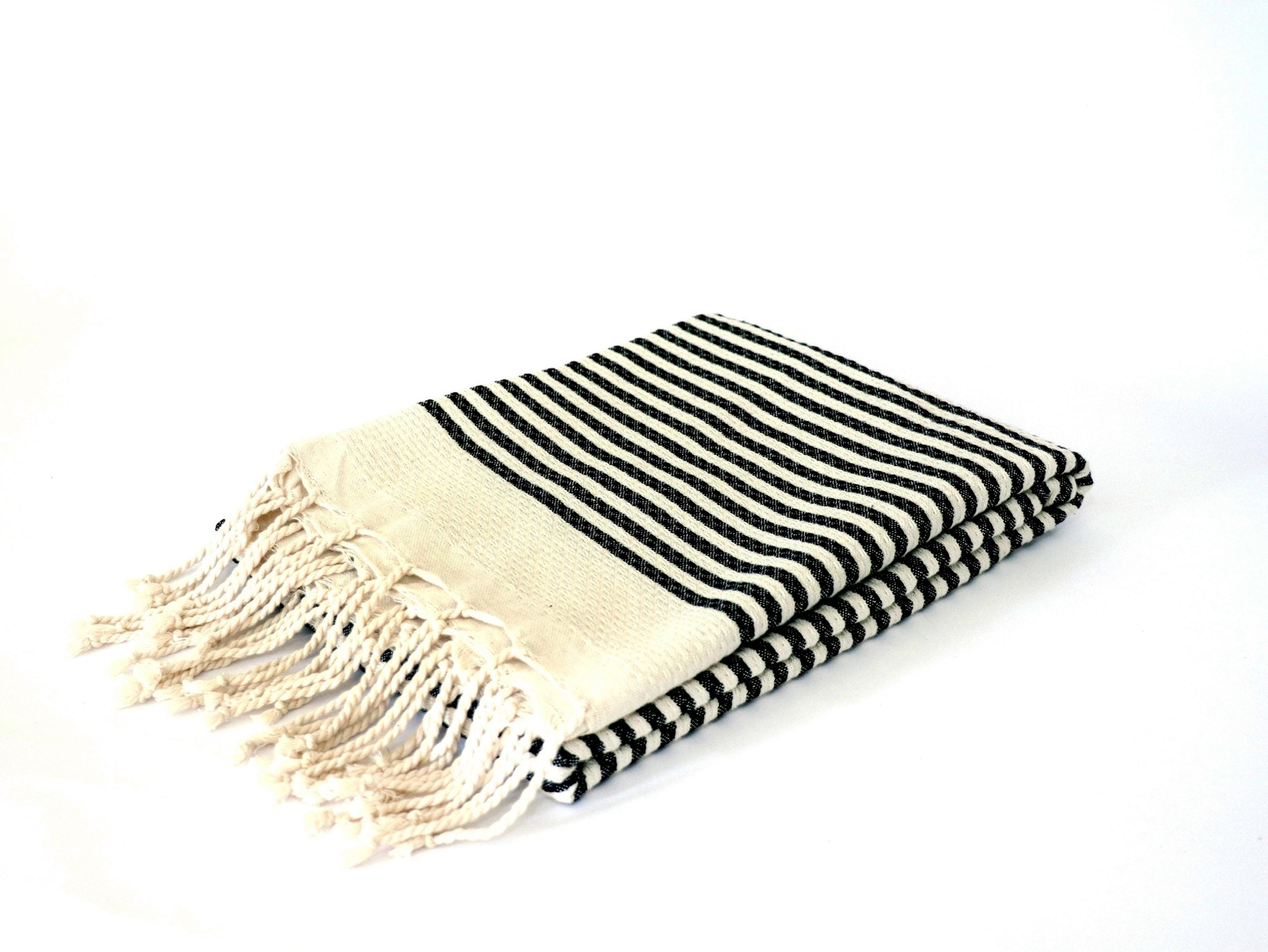 Fouta Noir et Blanc XXL - 200 cm x 100 cm- Serviette pour Hammam, Sauna, Spa, Plage ou Pique-nique - 100 % Coton - Artisanale