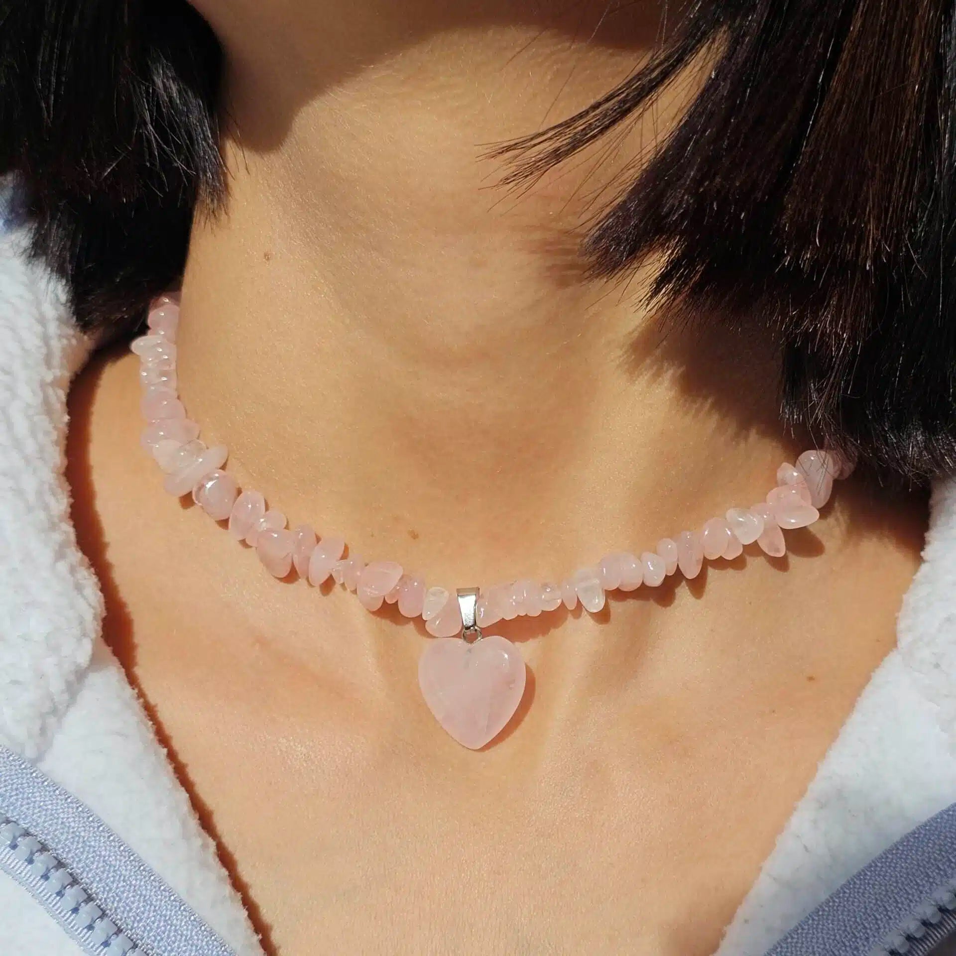 Collier en Quartz Rose avec fermeture en argent 925 et acier inoxydable (40 cm)