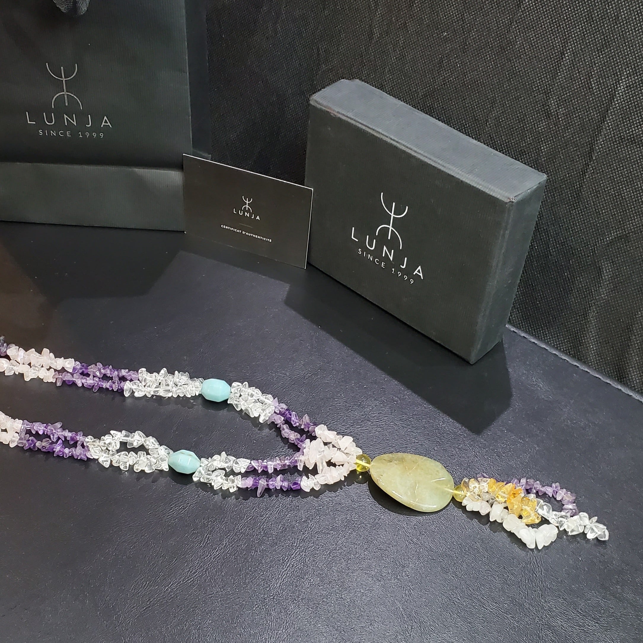 Collier sautoir en pierres naturelles (citrine, améthyste, cristal de roche, amazonite et agate)