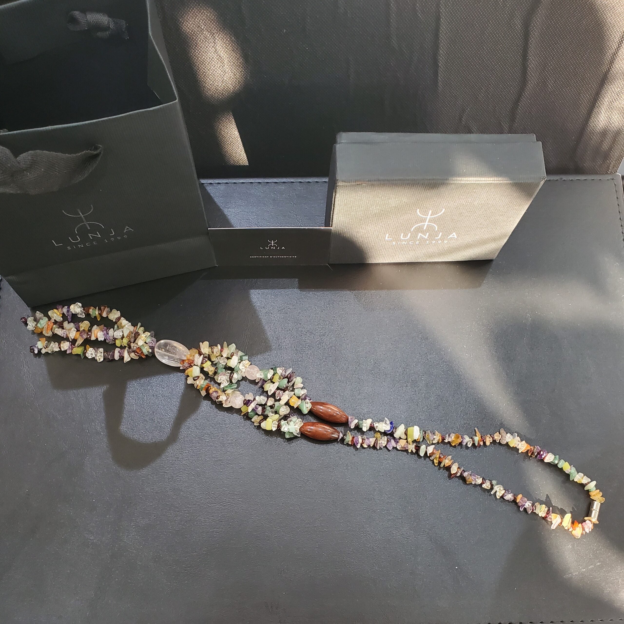 Collier énergétique en quartz rose, améthyste & cornaline (60 cm)