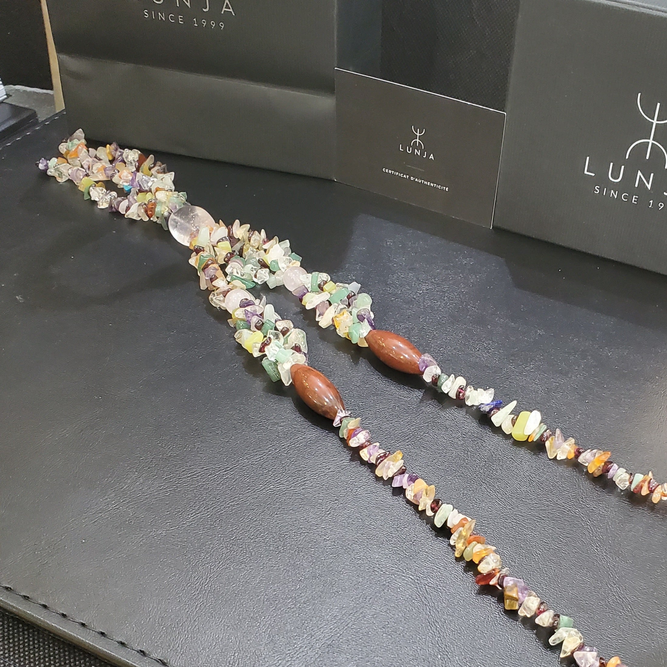 Collier énergétique en quartz rose, améthyste & cornaline (60 cm)