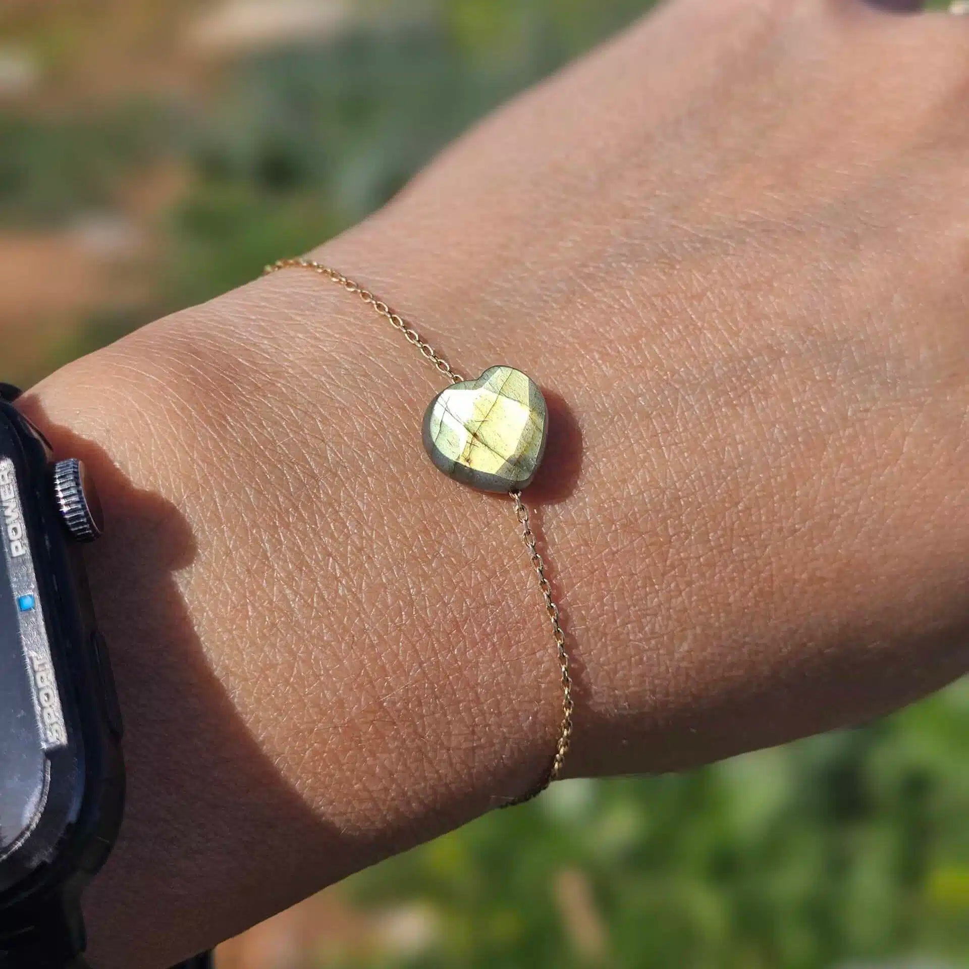 Bracelet en argent 925 plaqué en or 18 karats avec cœur Labradorite (18-23cm)