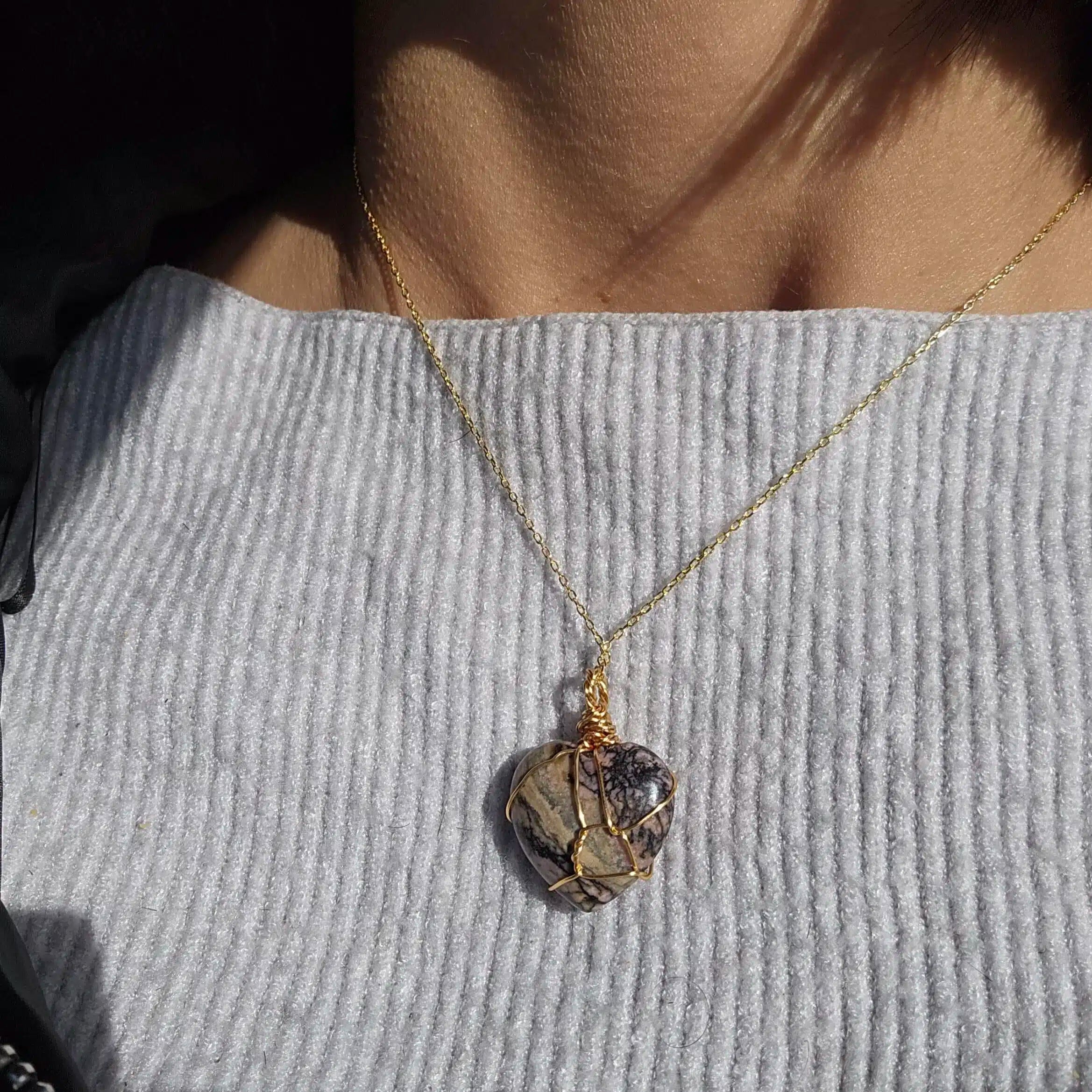 Collier en argent 925 plaqué en or avec pendentif cœur en Rhodonite (45 cm)