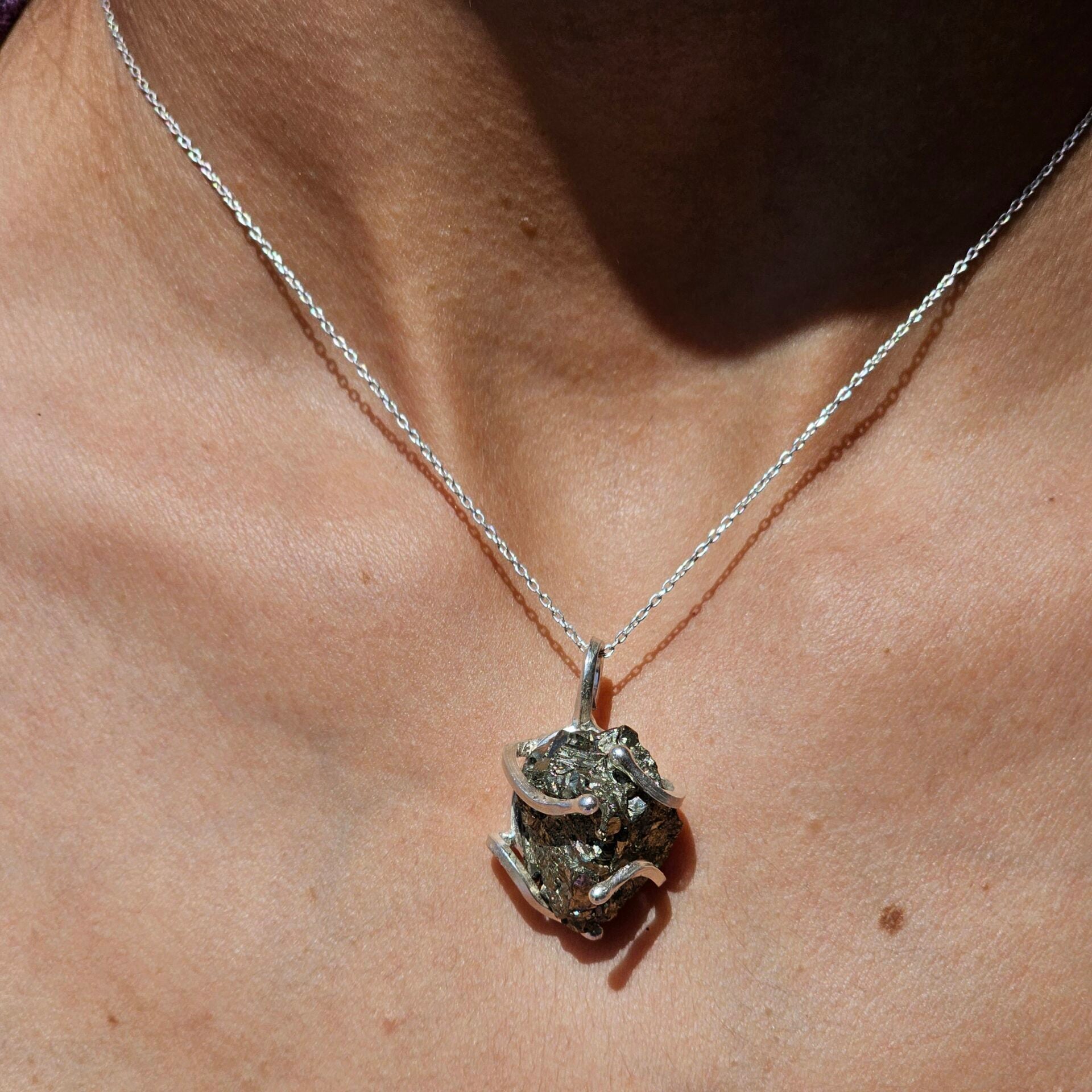 925 silver necklace with raw Pyrite pendant surrounded by silver (45cm)