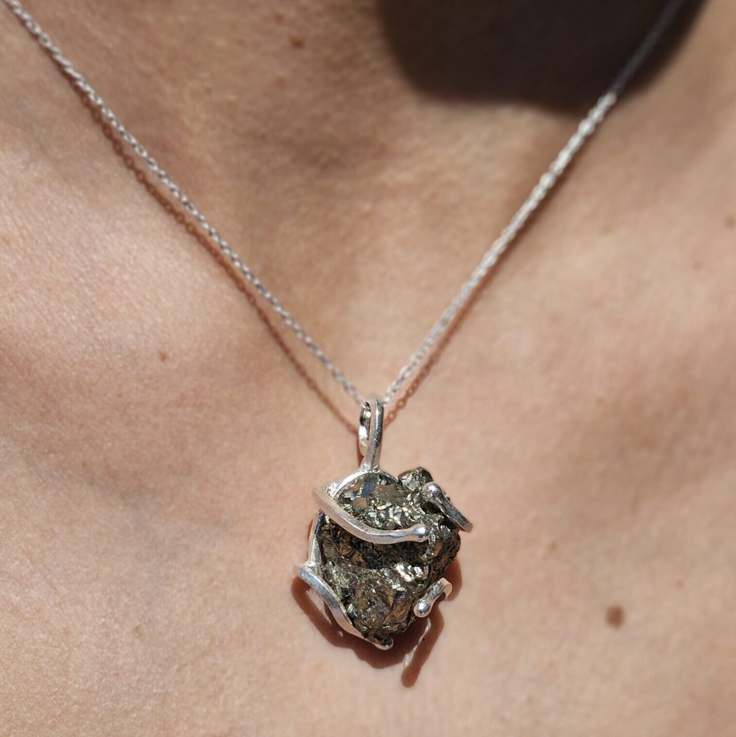 925 silver necklace with raw Pyrite pendant surrounded by silver (45cm)