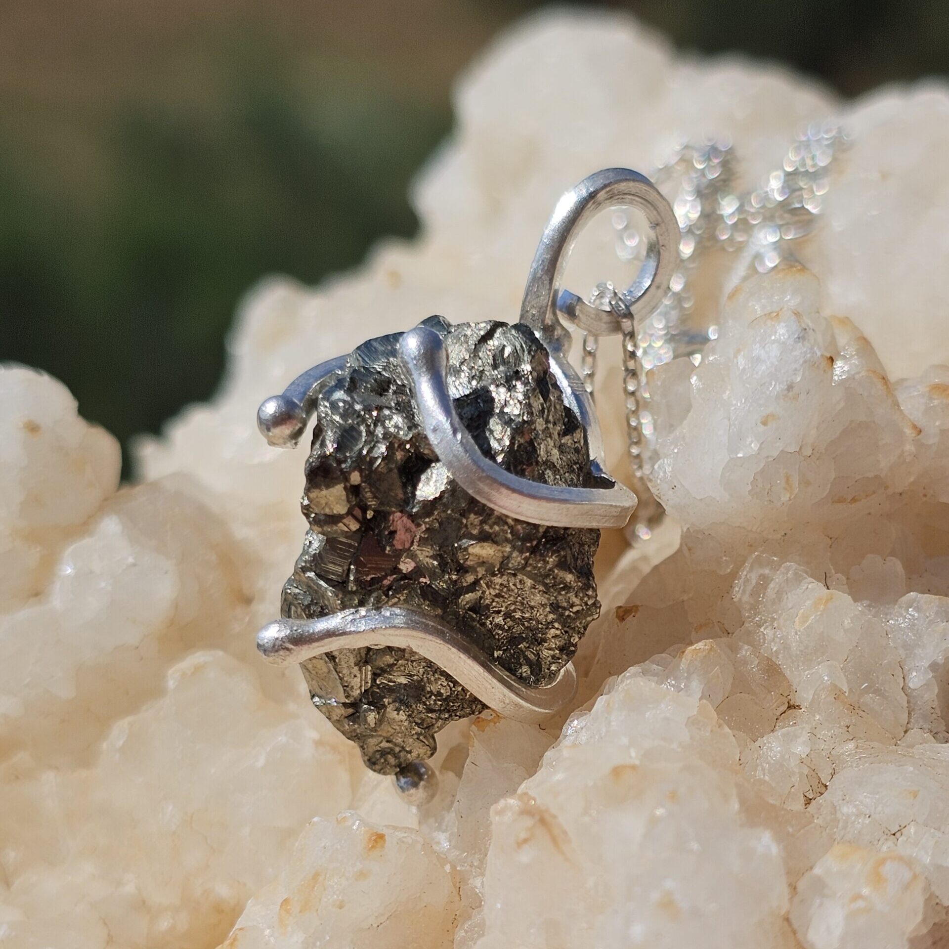 925 silver necklace with raw Pyrite pendant surrounded by silver (45cm)