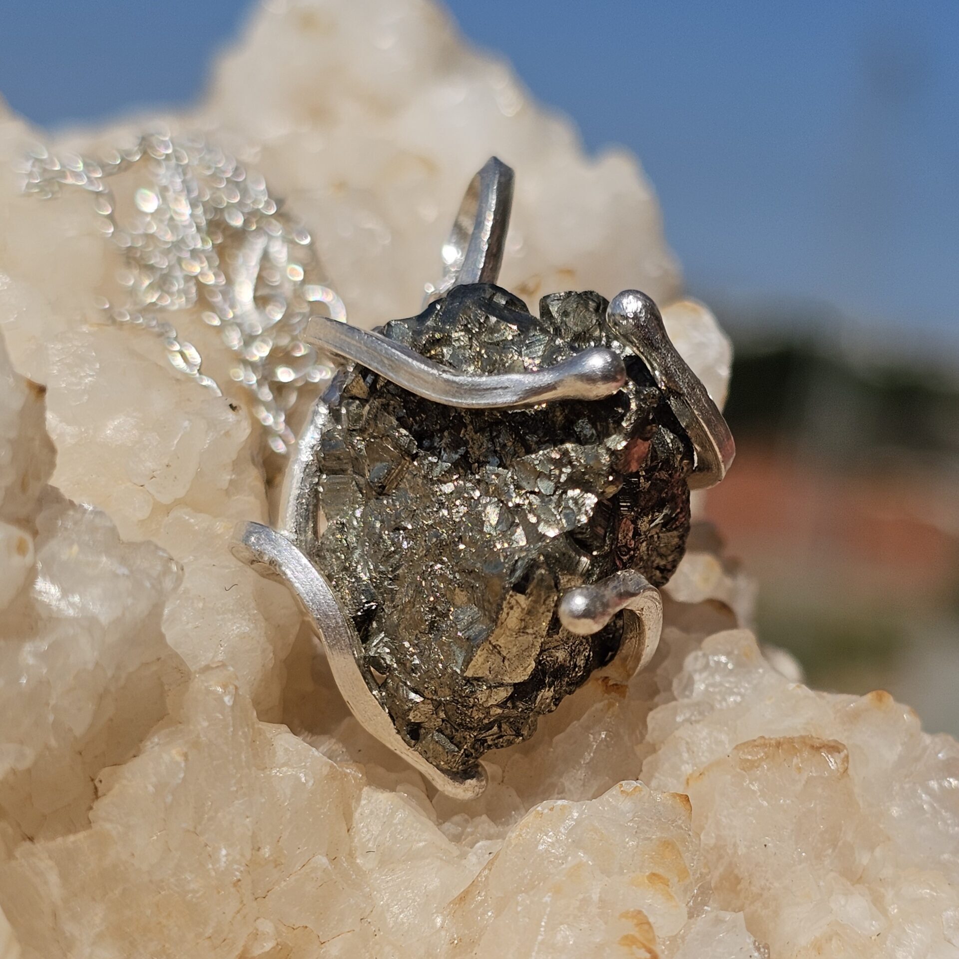 925 silver necklace with raw Pyrite pendant surrounded by silver (45cm)