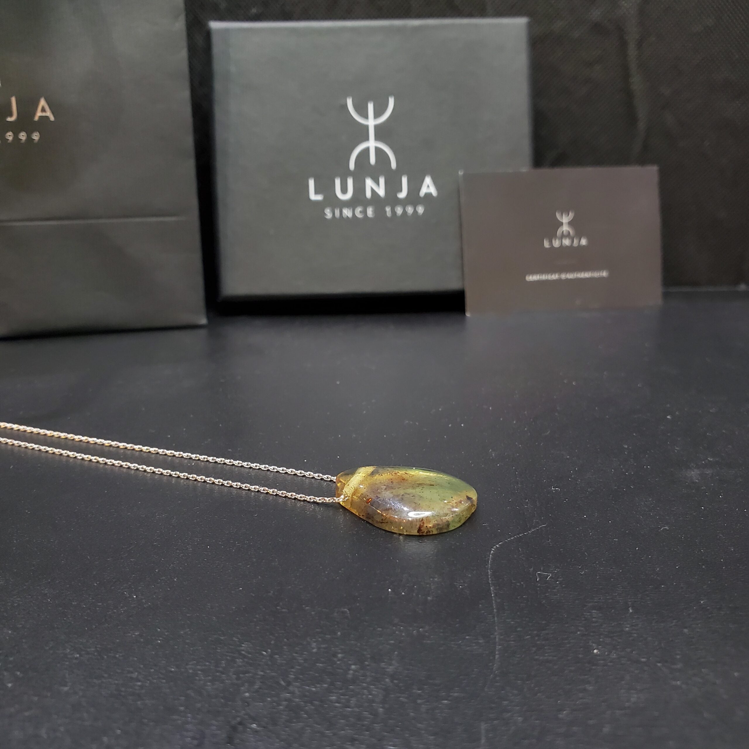 Pendentif Ambre Jaune véritable avec inclusions d'insectes & Collier Argent 925/1000