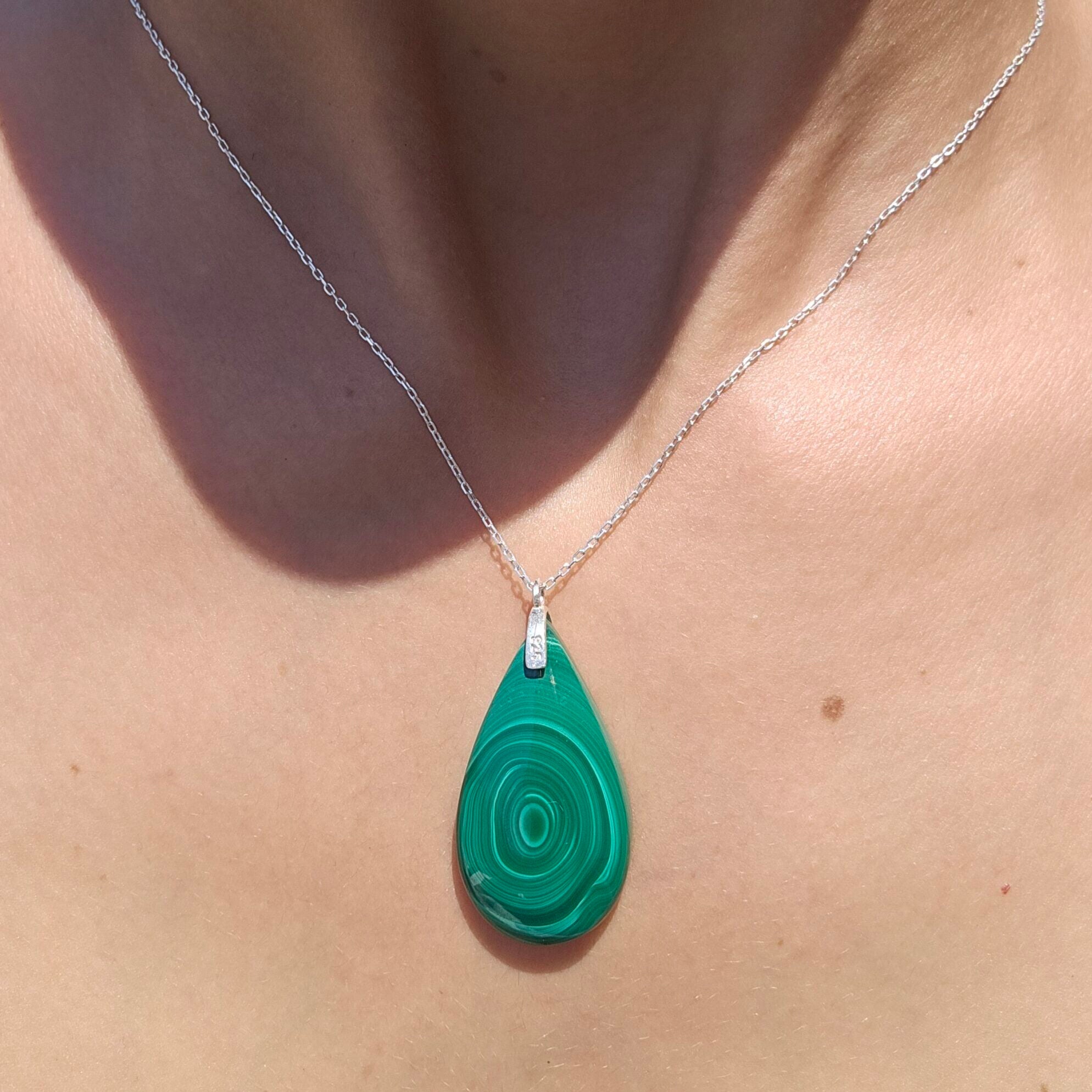 Collier en argent 925 avec pendentif en Malachite naturelle de haute qualité (45cm)