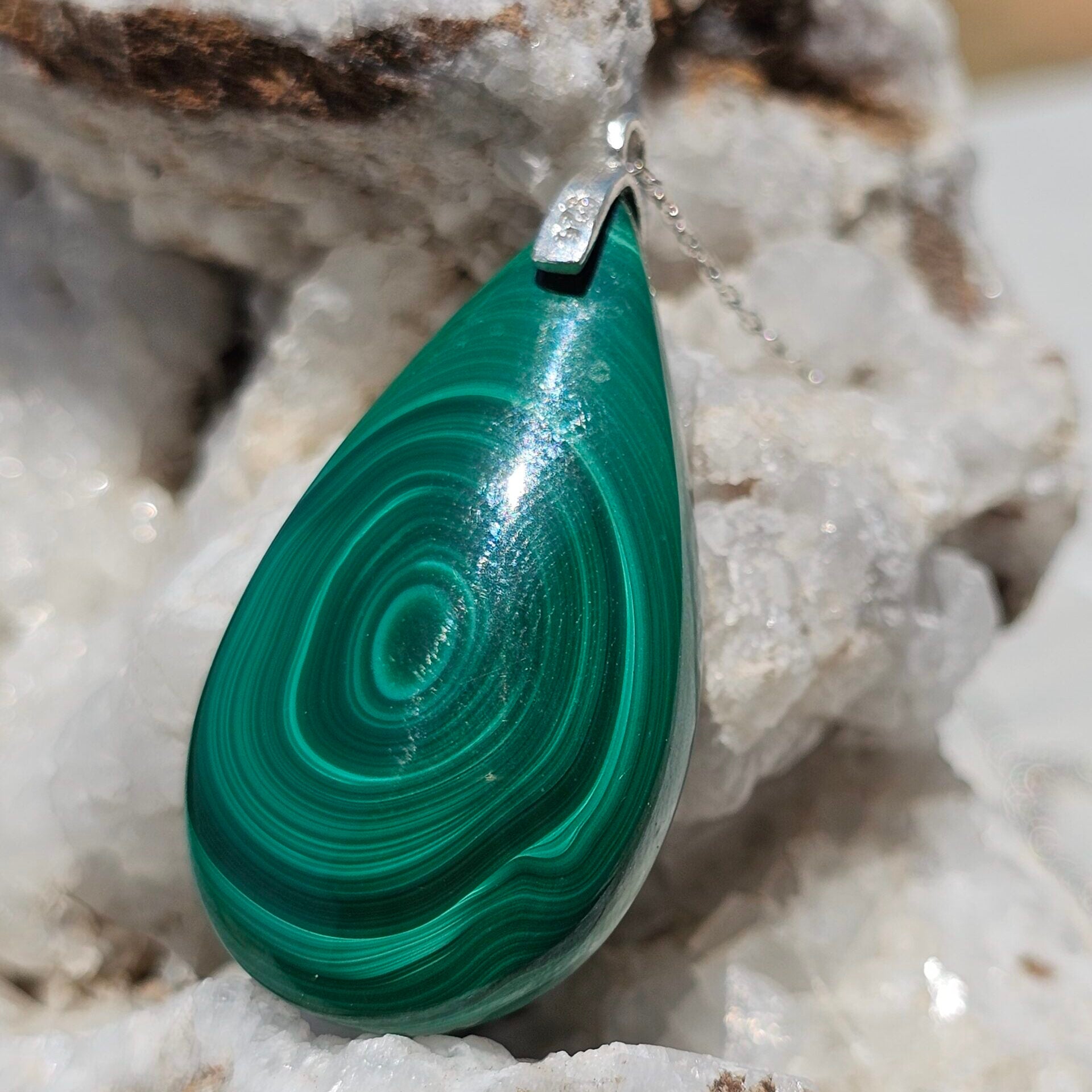 Collier en argent 925 avec pendentif en Malachite naturelle de haute qualité (45cm)