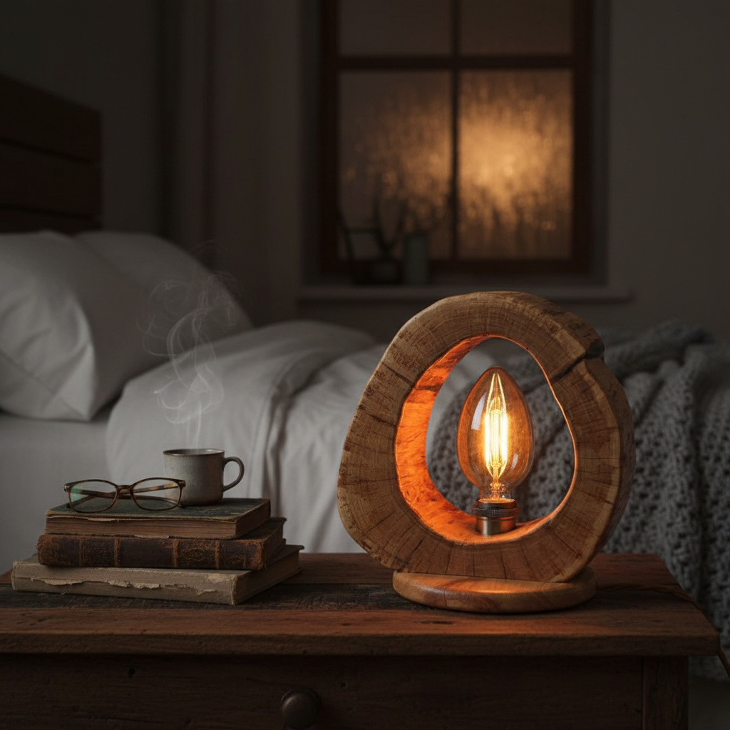 Lampe Veilleuse en Bois Naturel - Éclat Rustique et Artisanal