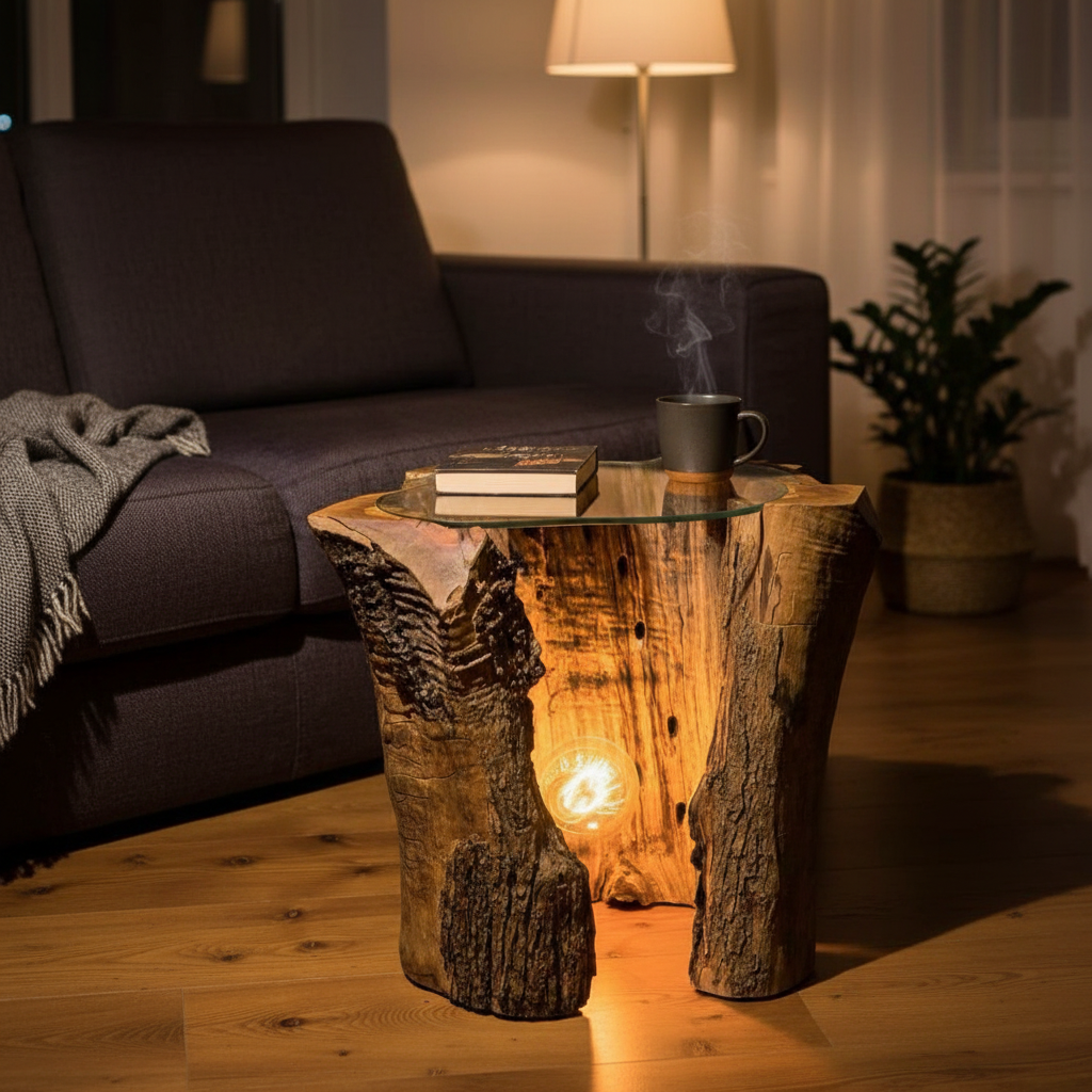 Table Veilleuse Sculptée en Bois Brut et Verre - Éclat Naturel
