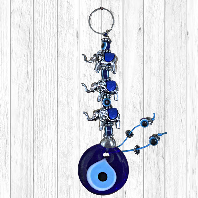 Porte-Bonheur Nazar Boncuğu avec Éléphants et Œil Protecteur en Verre