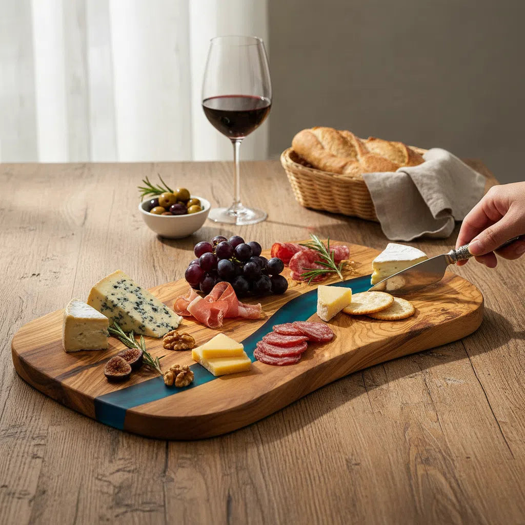 Planche À Découper Résine Bleue Bois d'Olivier - Élégance Artisanale