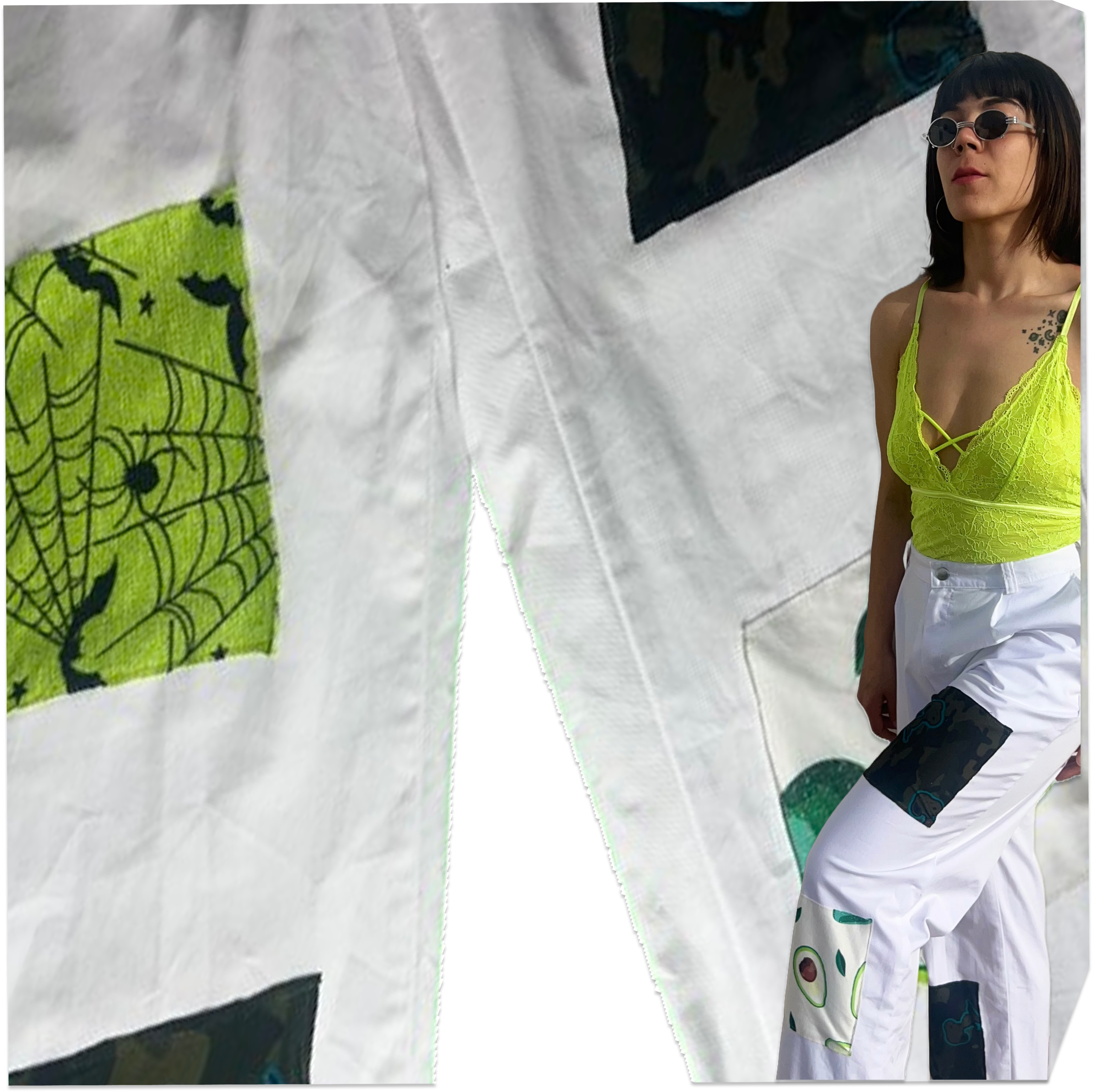 Pantalon unisexe en gabardine blanche, style patchwork unique