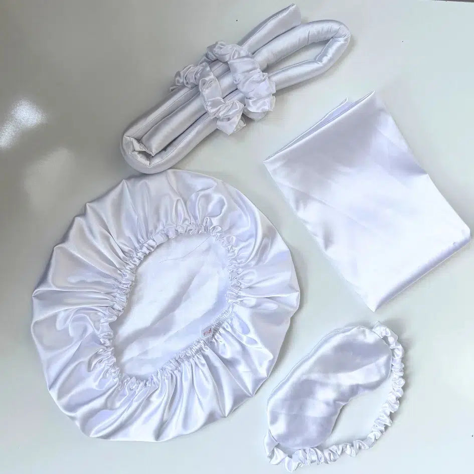 Ensemble Satin Blanc Élégant - Soin Cheveux & Sommeil de Luxe