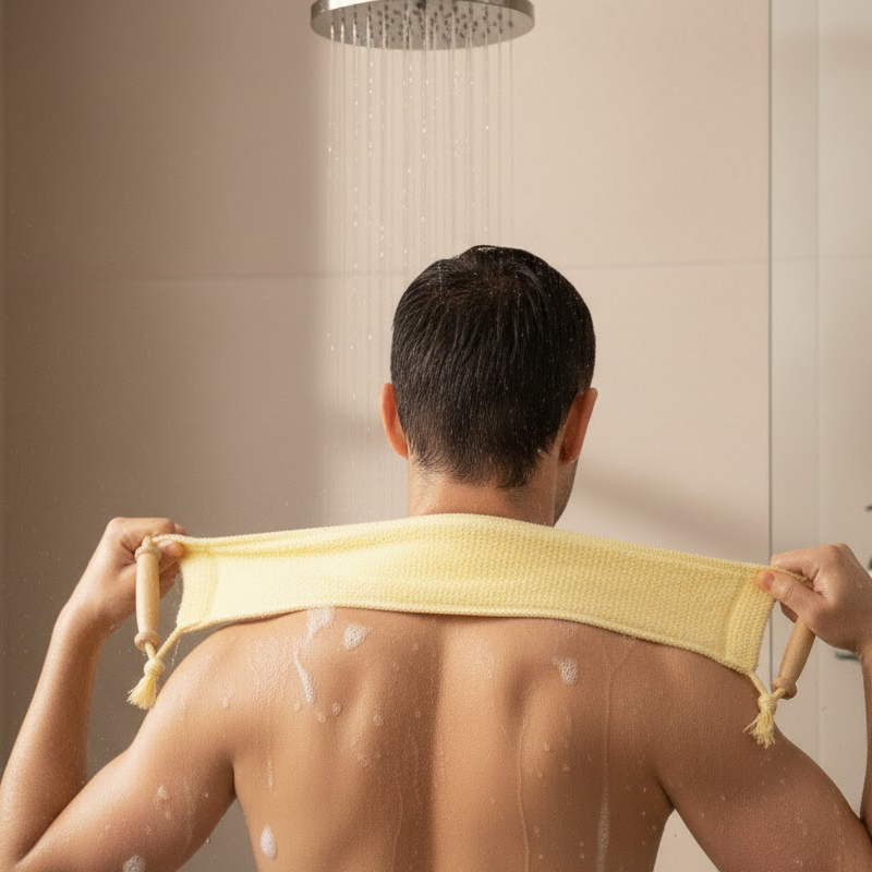 Bande exfoliante pour le dos avec loofah naturelle et poignées en bois