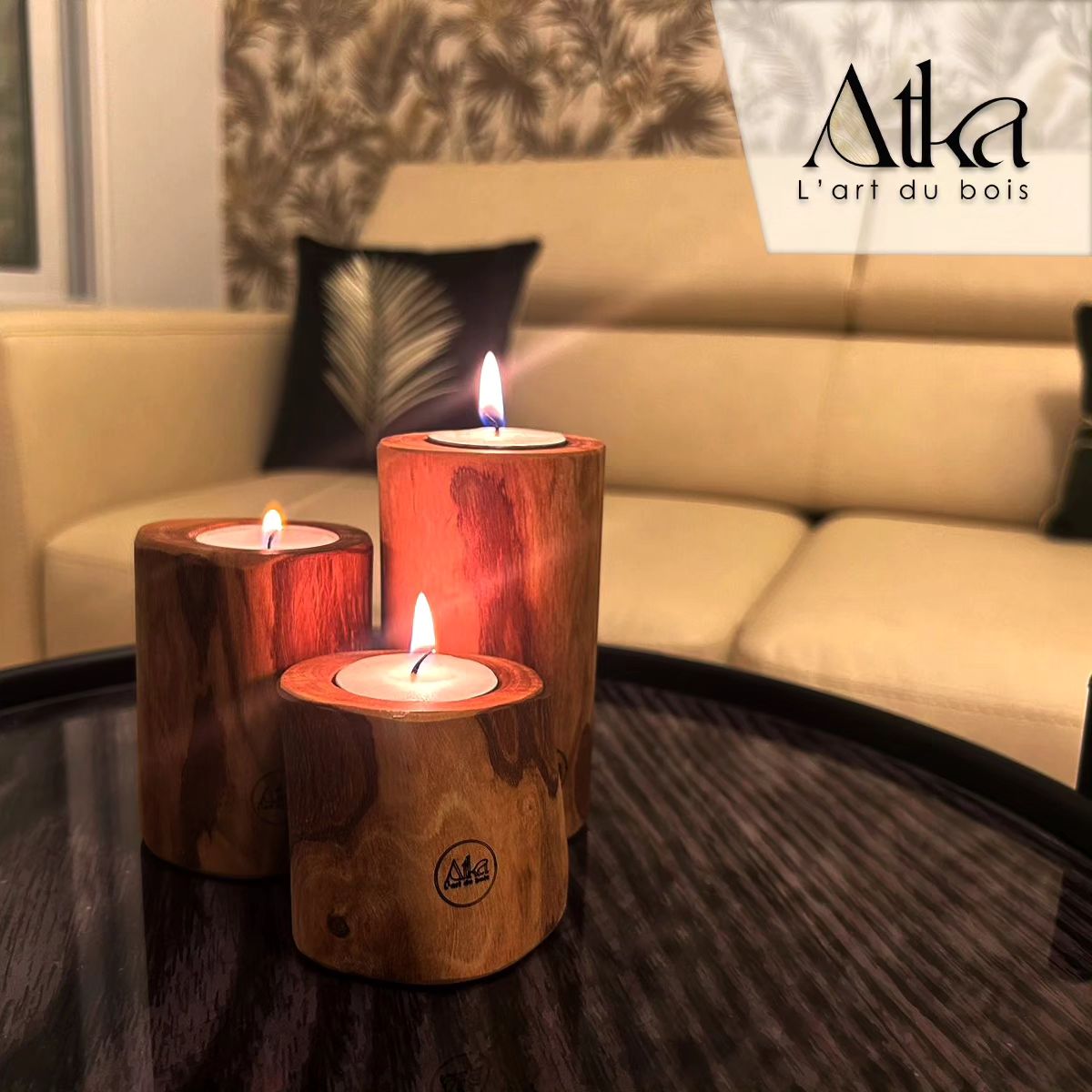 Olive Wood Candle Holder Trio - Handcrafted and Natural
