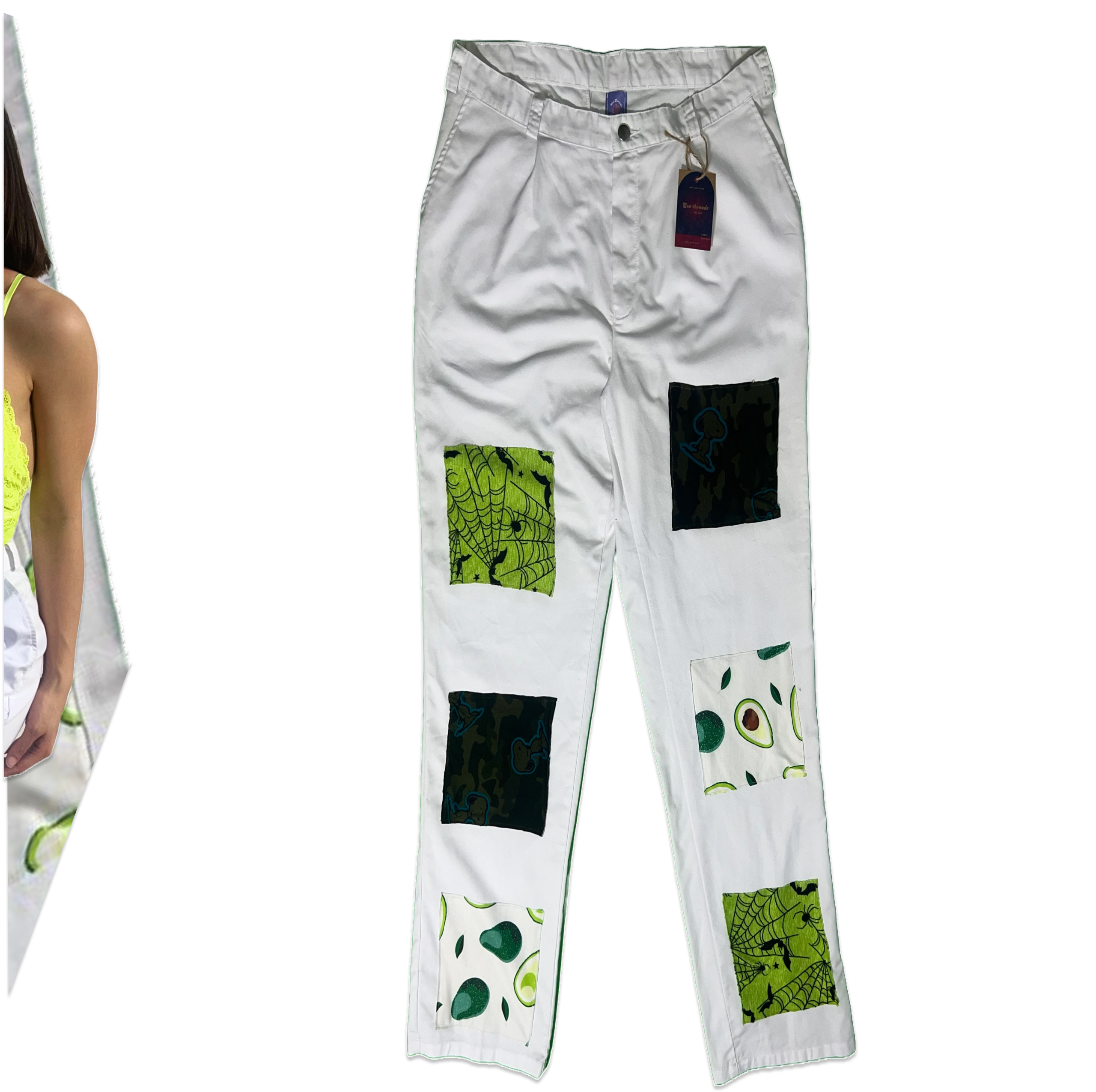 Pantalon unisexe en gabardine blanche, style patchwork unique