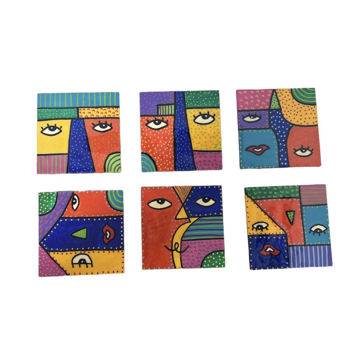 Set de 6 dessous de verre peints à la main "Visages abstraits"