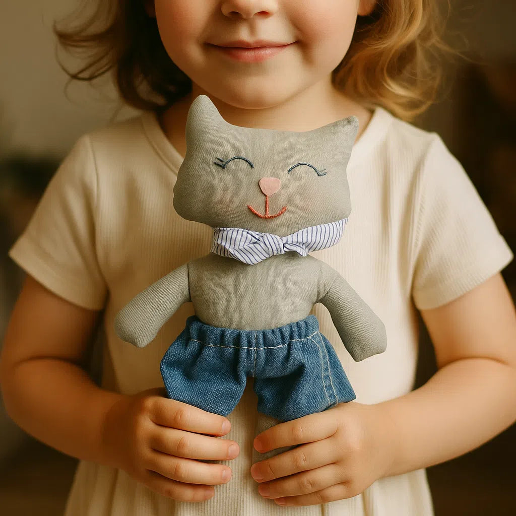 Doudou chat artisanal en short jean et cache col rayé