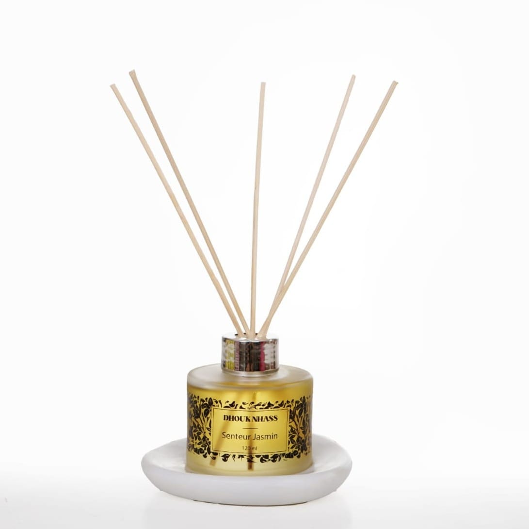 Diffuseur Marmo Jasmin à tige – senteur Jasmin Noir (5 x 7 cm) avec sous-tasse en marbre blanc