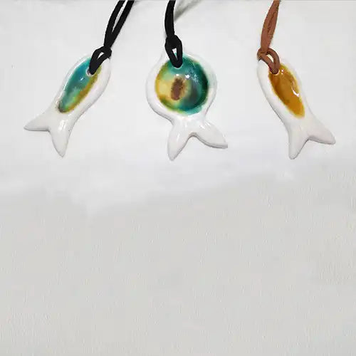 Ceramic and leather fish necklaces, 3 handmade necklaces