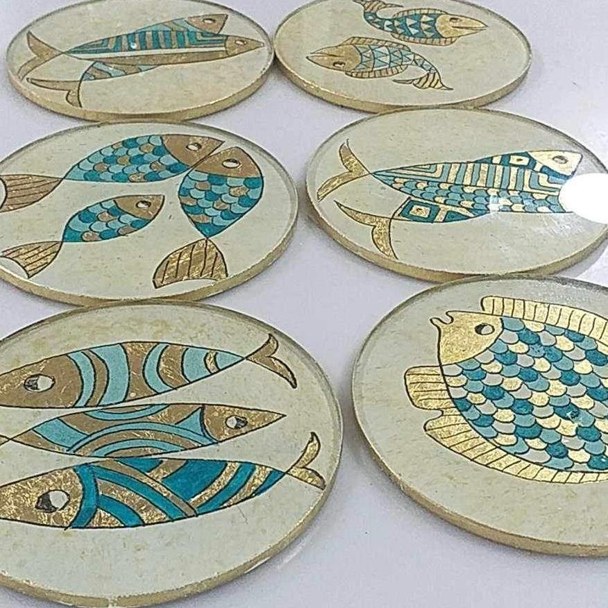 Coffret 6 sous-tasses artisanales à la feuille d’or " POISSON BLEUS "